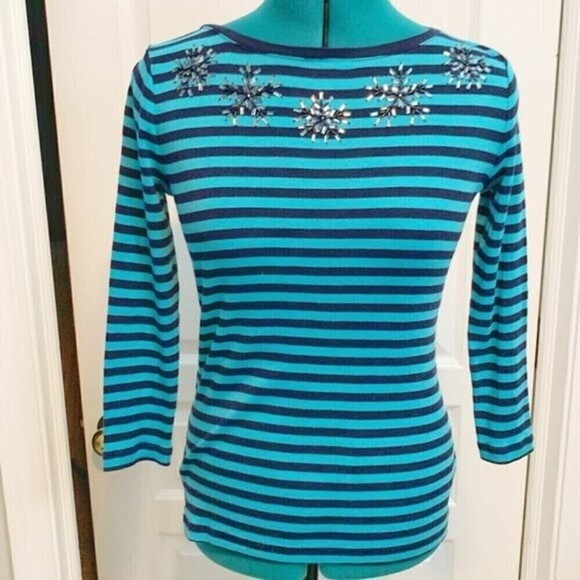 Talbots Petite Nautical Stripe Rhinestone Neck Long Sleeve Crew Neck Shirt - Picture 6 of 9